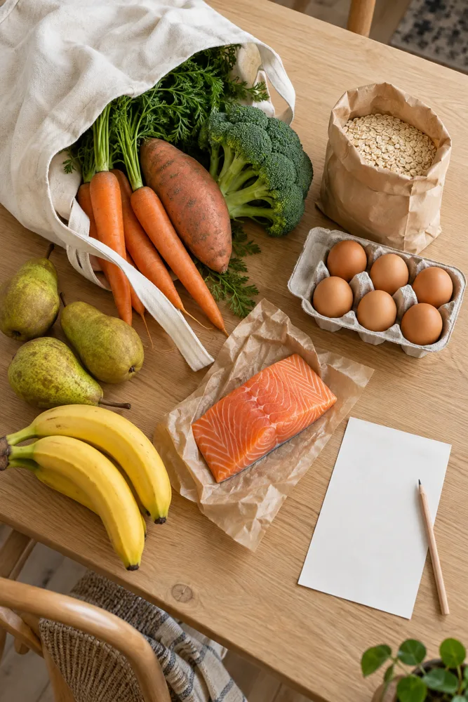Een omgevallen boodschappentas met wortels, zoete aardappel, broccoli, peren en bananen op de keukentafel
