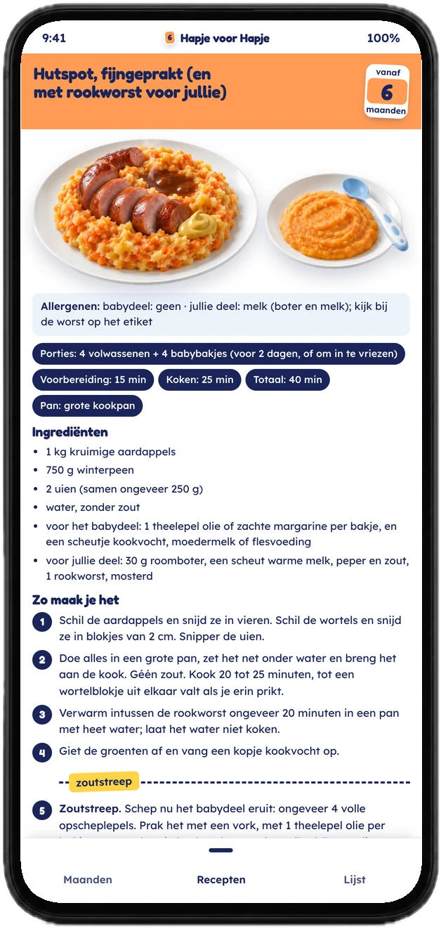 De app op een telefoon met onderaan Maanden, Recepten en Lijst