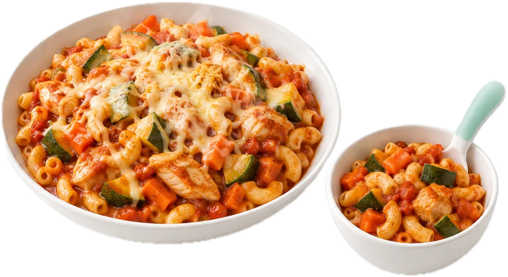 Macaroni met tomaten-groentesaus en kip, met een bakje zonder kaas voor de baby
