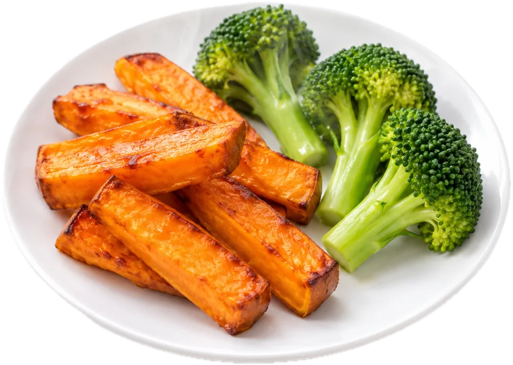 Zachte staafjes zoete aardappel en broccoliboompjes met een lange steel