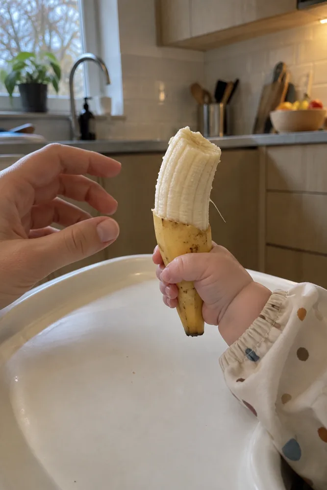 Een babyhandje houdt een halve banaan met de schil als handvat vast