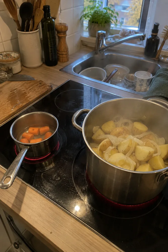 Twee pannen op het fornuis: een klein pannetje met wortel en een grote pan met aardappels